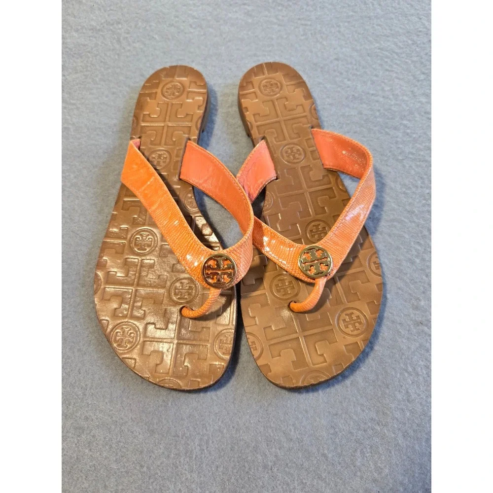 Tory Burch Miller Sandals Women 6M Orange Lizard Embossed Leather Logo Flat Flip